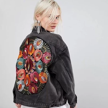 YAMDI Büyük Boy çok çiçek İşlemeli Kot Ceket vintage gevşek ceket denim ceket kadınlar 2020 yeni sonbahar kış boho ceket