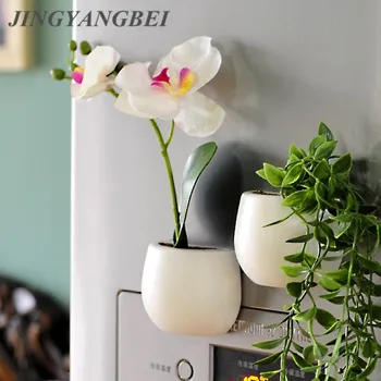 Buzdolabı Mıknatısları Saksı Yapay Yeşil Etli Bitkiler Bonsai Seti Sahte Çiçek İpek Vazo Hatıra Tahta Manyetik Çıkartmalar