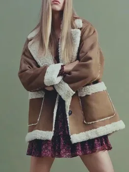 ZA sonbahar ve kış yeni ürünler kadın moda tüm maç tarzı cep yaka uzun kollu çift taraflı polar ceket