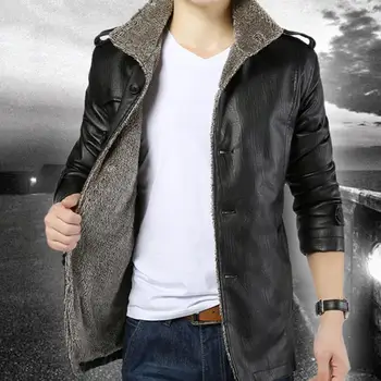 Winter Warm Faux Leather Jacket Men Solid Long Sleeve Coat Stand Collar Thick Slim Fit Jacket Trench Coat куртка зимняя мужская