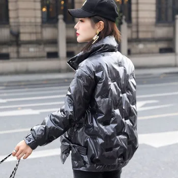 Parlak Kumaş şişme ceket kadınlar Y2K Metalik Renk Kore Gevşek Kısa Ceket İnce Parlak Kalınlaşmış Streetwear Moda Parker