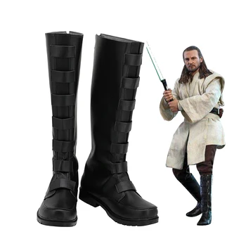 Yıldız Cosplay Savaşları Ayakkabı Botları Jedi Ustası Qui Gon jinn Cosplay Yetişkin Siyah Çizmeler Cadılar Bayramı Partisi Custom Made