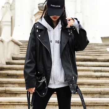 Siyah Deri Ceket Kadın Orta uzunlukta Streetwear Moda Sahte PU deri motosiklet Biker Ceket Kore Gevşek S-3XL Rahat Mont