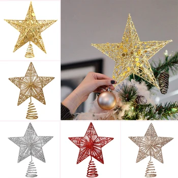 Noel Süslemeleri Glitter Noel Ağacı Topper Yıldız Kırmızı Altın Gümüş Demir Yıldız Kolye Süs Masa Üstü Toppers Dekor 2022