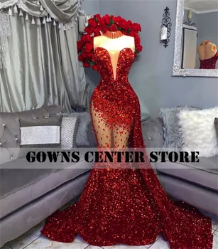 Kırmızı Kristaller Pullu Mermiad balo kıyafetleri Noel Akşam Elbise Tren Sevgiliye Düğün Parti Kıyafeti Zarif robe de bal