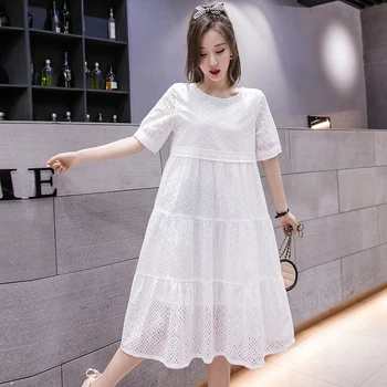1730# 2021 Yaz Şık Ins Pamuk Dantel Hamile uzun elbise Oymak Beyaz Hamile Kadınlar için Moda Gebelik Elbise