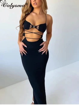 Colysmo Seksi Siyah Halter Elbiseler Kadınlar Backless Tie Up Cut Out Midi Elbise Elastik Yüksek Bel Bölünmüş Ince Vestidos Plaj Tatil 0