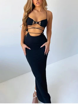 Colysmo Seksi Siyah Halter Elbiseler Kadınlar Backless Tie Up Cut Out Midi Elbise Elastik Yüksek Bel Bölünmüş Ince Vestidos Plaj Tatil 1