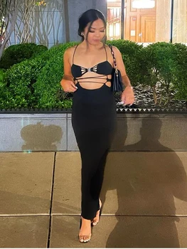 Colysmo Seksi Siyah Halter Elbiseler Kadınlar Backless Tie Up Cut Out Midi Elbise Elastik Yüksek Bel Bölünmüş Ince Vestidos Plaj Tatil 4