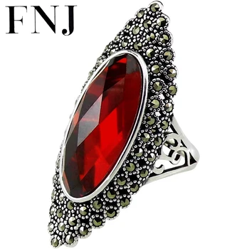 FNJ Vintage Yüzük 925 Gümüş Ayarlanabilir Boyutu 100 % Orijinal Gerçek S925 Katı Gümüş Yüzük Kadınlar Takı için MARKAZİT Kırmızı Zirkon