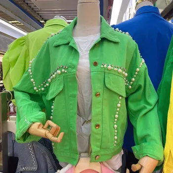 Ağır Elmas Yeşil Denim Ceket Kadın Bahar 2022 Yeni Moda Gevşek Kore Mont Kadın Renk Kovboy Ceket Pembe Ceketler