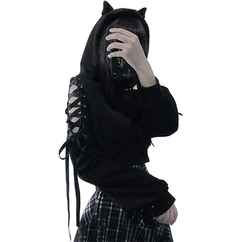 Y2K Kadınlar Uzun Kollu Hoodies Kawaii Kedi Kulaklar Hoodie Gotik Punk Harajuku Tarzı Soğuk Omuz İpli Üstleri Siyah Tişörtü