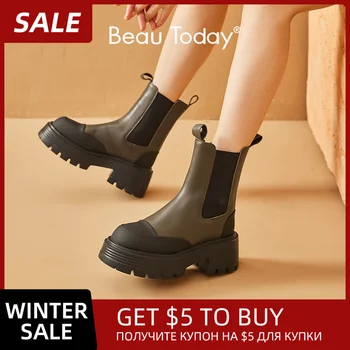 BeauToday yarım çizmeler Platformu Kadın İnek Deri Elastik Bant Yuvarlak Ayak Slip-On Sonbahar Kalın Taban Bayan Ayakkabıları El Yapımı 03A24