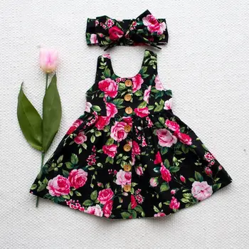 Yaz Çocuklar Prenses Elbise Kız Elbise Çiçek Kolsuz Düğme Elbiseler + Kafa Kıyafetleri Bebek Kız Giysileri 1-4Years