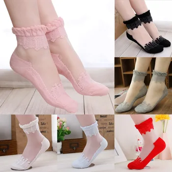 Kadın Çorap Sevimli Ultra İnce Şeffaf Güzel Kristal İpek Dantel Elastik Kısa Çorap Sevimli Fishnet Ayak Bileği Çorap Lolita