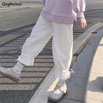 Rahat Pantolon Kadın Geniş Bacak Gevşek Katı Tatlı Kız Sonbahar Tüm Maç Japonya Tarzı Eğlence Dantel Up Kravat ayak Şık Ulzzang Moda