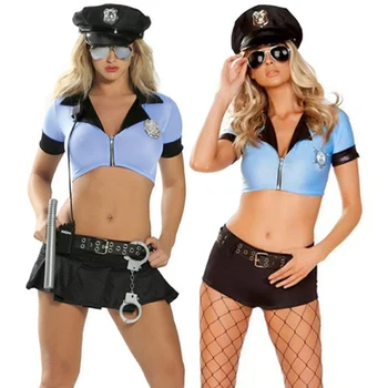 Bayan Seksi Polis Memuru Üst Mini Etek Kostüm Tavern Barlar Mavi Garson Tulum Cosplay Karnaval Cadılar Bayramı Fantezi Parti elbisesi