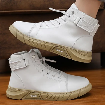 Sonbahar Kış yarım çizmeler Siyah PU deri erkek ayakkabısı Marka Açık Yüksek top Çöl yürüyüş ayakkabıları Taktik Yan Zip Platformu Çizmeler