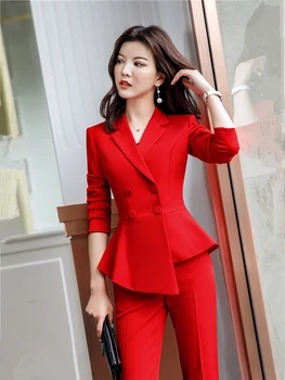 Kadın Kırmızı Blazer Ince Bahar Sonbahar Yeni Zarif Ofis kadın ceketi ış elbisesi Ruffled Kruvaze Blazer Katı Dushicolorful