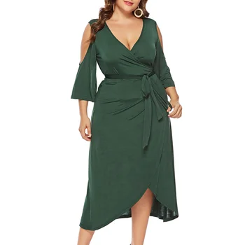 Artı Boyutu Elbiseler Zarif Yeşil Yaz V Yaka Gevşek Elbise 2022 Şık Giyim Soğuk Omuz uzun elbise Kadın XL-XXXL-5XL-6XL