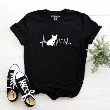 Komik Harajuku köpek Baskı Kalp Atışı Kadın tişört Pamuk Rahat Komik t shirt Bayan Genç Kız Üst grafik Tee hipster