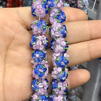 12mm Murano Mavi Pembe Çiçek Lampwork Cam Boncuk Yuvarlak Gevşek halka boncuk Takı Yapımı İçin diy bilezik Küpe Aksesuarları