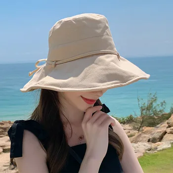 Kadınlar Yeni Yaz Bahar Pamuk Kova Şapka Düz Renk Düğümlü Yaylar Geniş Ağız Panama güneş şapkaları Plaj Açık Balıkçı Kapaklar 1