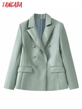 Tangada Kadınlar 2022 Moda Yeşil Suni Deri Blazer Ceket Vintage Kruvaze Uzun Kollu Kadın Giyim BE437