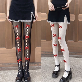 Japon Lolita Kadın Fishnet Tayt Hollow Out Delik Kadife İlmek Jakarlı Çorap Kawaii Dantel Örgü Cosplay Külotlu Çorap 0