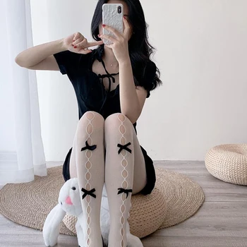Japon Lolita Kadın Fishnet Tayt Hollow Out Delik Kadife İlmek Jakarlı Çorap Kawaii Dantel Örgü Cosplay Külotlu Çorap 1