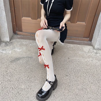 Japon Lolita Kadın Fishnet Tayt Hollow Out Delik Kadife İlmek Jakarlı Çorap Kawaii Dantel Örgü Cosplay Külotlu Çorap 5