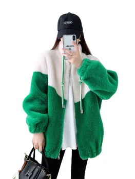 Kürk Ceket Kadınlar Yeşil Beyaz Dikiş Kuzu Kürk Ceketler 2022 Kış Yeni Moda Mizaç Gevşek Uzun Kollu Genç Tarzı Giyim