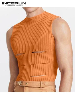 INCERUN Erkekler Tankı Üstleri Düz Renk O-Boyun Kolsuz Streetwear Oymak Yelekler 2022 Sıska Moda Rahat Erkek Giyim S-5XL