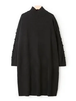 Kadın Yarım Yüksek Yaka örme elbise %100 % Yün Düz Renk Uzun Kollu 2022 Sonbahar Kış Kadın Elbiseler 3