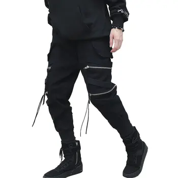 Dropshipping Hop Streetwear Joggers Erkekler Siyah Fermuar Şeritler harem pantolon Pamuk Rahat Sokak Stili Ayak Bileği Uzunluğu Sweatpants Erkekler
