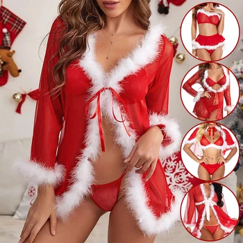Noel Cosplay Kostümleri Lace Up Peluş Kırmızı Seksi İç Çamaşırı Sıcak Babydoll Kadın Egzotik İç Çamaşırı Elbise seksi iç çamaşırı kadın için 0