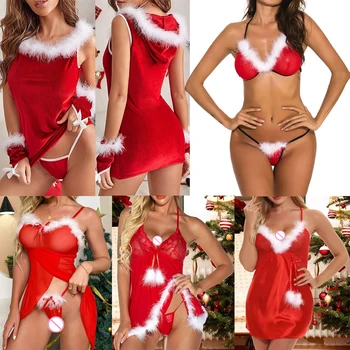 Noel Cosplay Kostümleri Lace Up Peluş Kırmızı Seksi İç Çamaşırı Sıcak Babydoll Kadın Egzotik İç Çamaşırı Elbise seksi iç çamaşırı kadın için 2