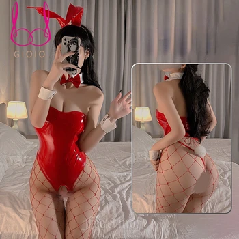 GIOIO Seksi Tavşan Bodysuit İç Çamaşırı Kadın Seti Erotik Cosplay Açık Crotch Sansürsüz Kostüm Şehvetli Samimi Straplez Pijama 4