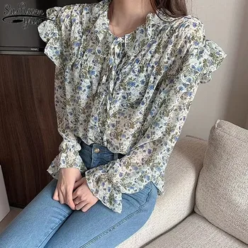 Uzun Kollu kadın Bluzlar Baskılı Vahşi şifon bluz 2021 Sonbahar Yeni Kore Giyim Vintage Ruffled Pembe Gömlek Kadın 10336