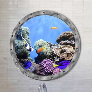 Deniz altında Dünya Renkli Mercan Balık Denizaltı Portholes duvar çıkartmaları Odası Dekor Dıy Kabuğu Ve Sopa 3d Pencere Duvar Çıkartmaları Sanat